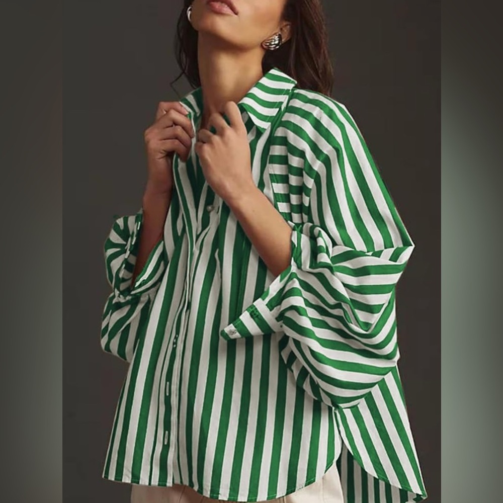 Puff sleeve Green and White Striped Button-Up Shirt cotton high low small NWT